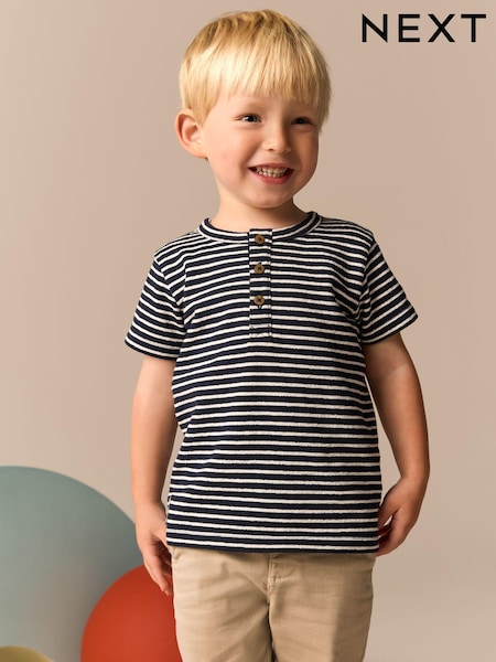 White/Navy Stripe Short Sleeve Henley Neck T-Shirt (3mths-7yrs) (E63781) | £6 - £8