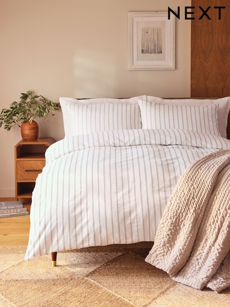 White Monochrome 100% Cotton Stripe Duvet Cover and Pillowcase Set (E63823) | £20 - £50