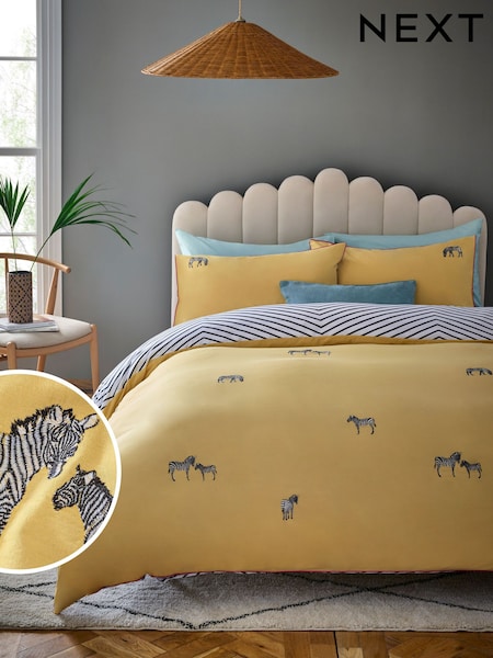 Yellow 100% Cotton Zebra Embroided Duvet Cover and Pillowcase Set (E63825) | £45 - £75