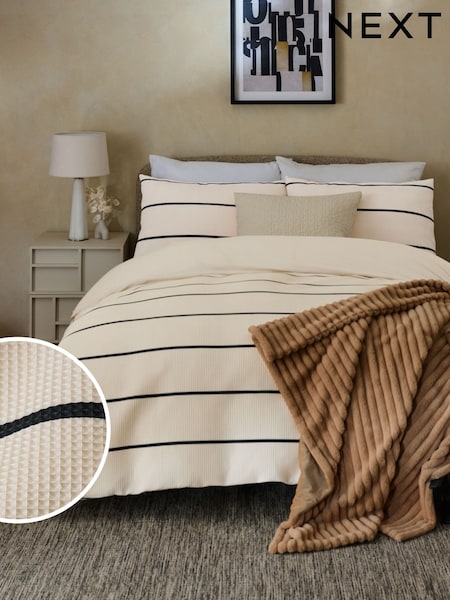 Natural Mono Stripe Waffle Duvet Cover and Pillowcase Set (E63915) | £32 - £65