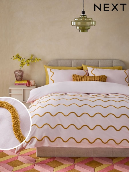 Peach Pink Tufted Wave 100% Cotton Duvet Cover and Pillowcase Set (E63917) | £35 - £65