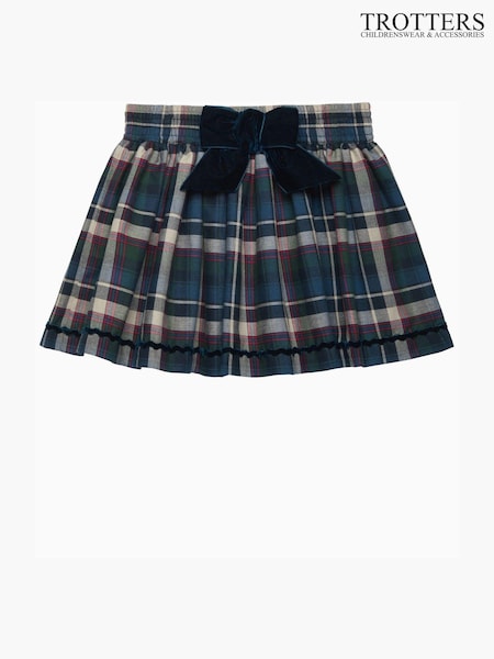 Trotters London Blue Tartan Bow 100% Cotton Skirt (E64129) | £56 - £60
