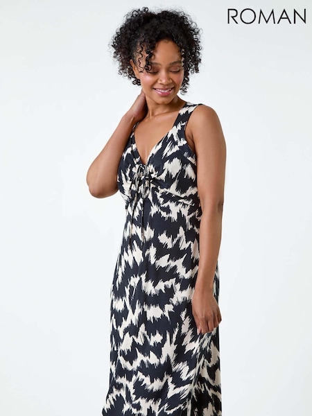 Roman Black Abstract Print Ruched Midi Dress (E64227) | £42