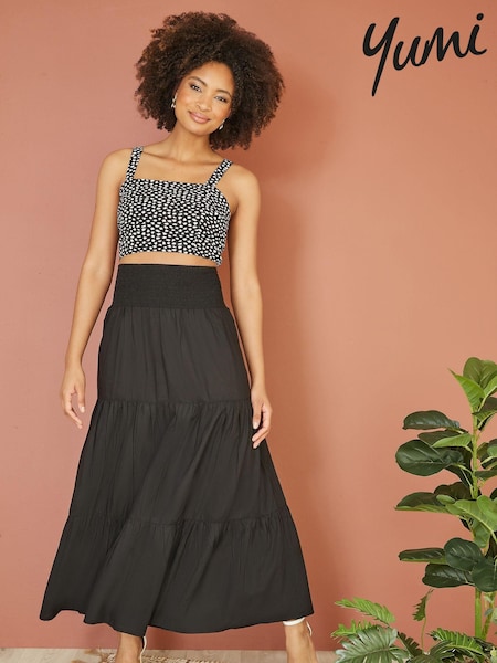 Yumi Black Voile Palm Leaf Print Ruched Waist Midi Skirt (E64291) | £45