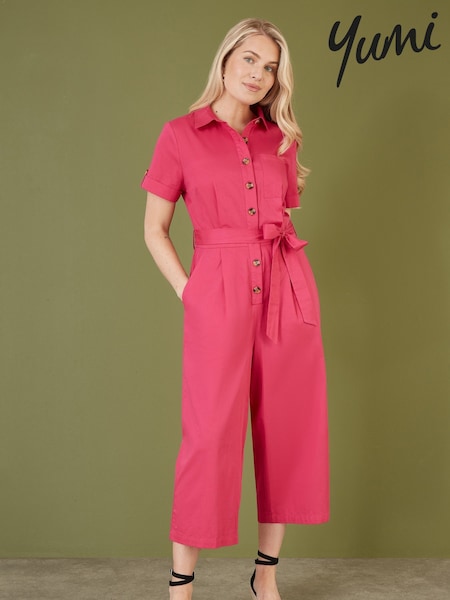 Yumi Pink Viscose Twill Button Up Utility Style Jumpsuit (E64329) | £55