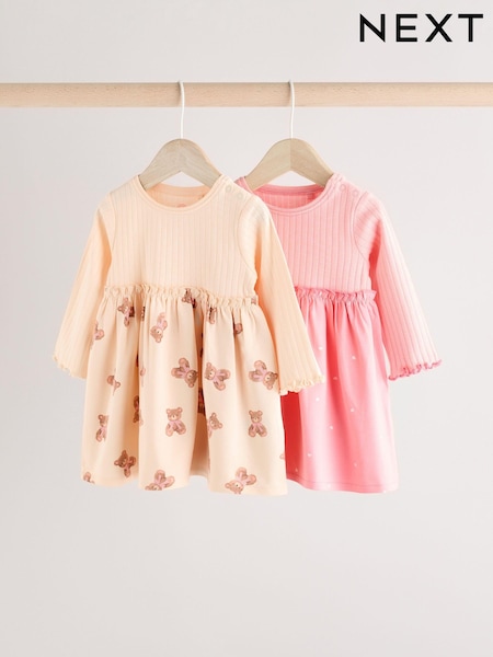 Pink/White Bear Print Baby Cotton Jersey Dresses 2 Pack (0mths-2yrs) (E65155) | £15 - £17