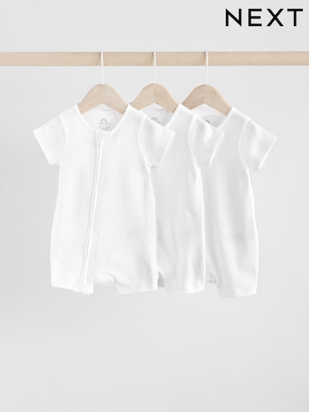 White 3 Pack Two Way Zip Baby 100% Cotton Rompers (0mths-3yrs) (E65276) | £13 - £15