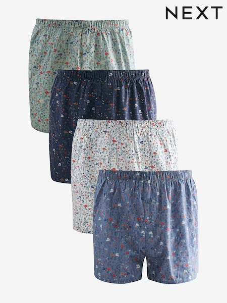 Blue/White/Green Floral 4 pack Woven Pure 100% Cotton Boxers (E65540) | £28
