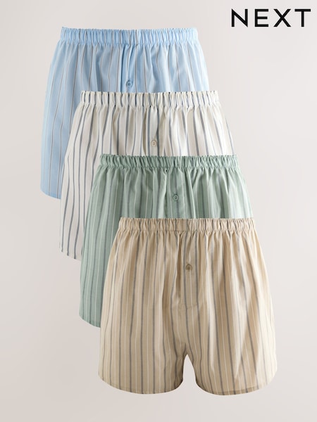 Blue Green Stripe 4 pack Woven Pure 100% Cotton Boxers (E65541) | £28