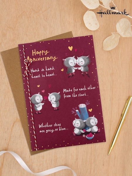 Hallmark Burgundy Red Illustrated Owl Design Anniversary Card with Verse (E65850) | £4