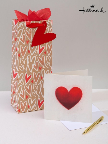 Hallmark Red Heart Design Bottle Bag, Tissue And Card Set (E65882) | £5