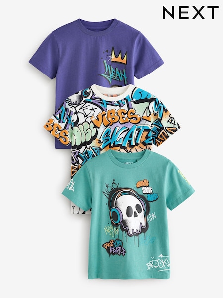 Purple/Green Regular Fit Graphic Short Sleeve 100% Cotton T-Shirts 3 Pack (3-16yrs) (E66201) | £21 - £27