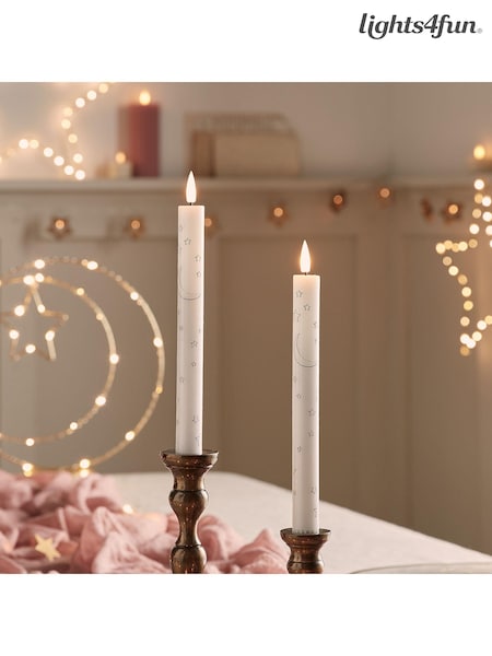 Lights4fun White TruGlow LED Taper Candles with Moon Star Design Set of 2 (E66247) | £22