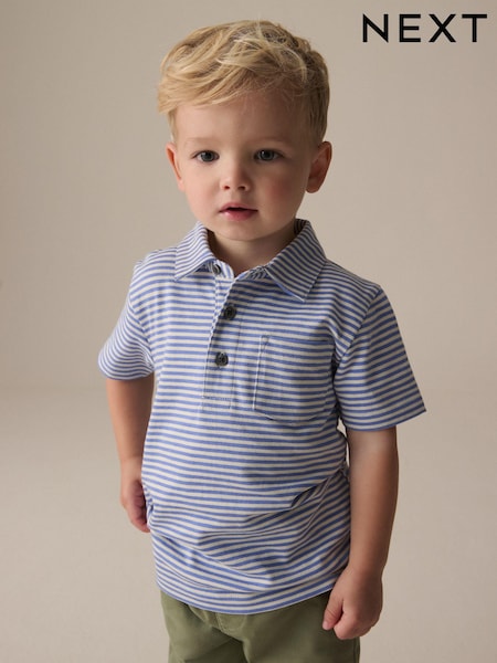 Blue/White Short Sleeve Stripe 100% Cotton Polo Shirt (3mths-7yrs) (E66445) | £7 - £9