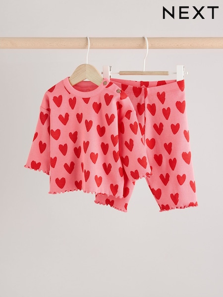 Red/Pink Heart Print Baby Top and Wide Leg Trousers 2 Piece Set (E66459) | £5.50 - £6.50