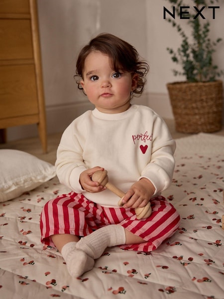 Red/White Stripe & Hearts 100% Cotton Baby Sweat Top & Trousers Set 2 Piece (E66470) | £14 - £16
