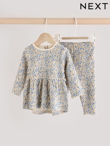 Blue Ditsy Floral Baby Long Sleeve Frill Top And Leggings Set (0mths-2yrs) (E66477) | £11 - £13