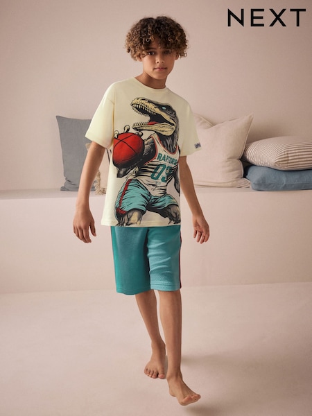 White/Blue Dinosaur Single Short Pyjamas (3-14yrs) (E66485) | £11 - £16