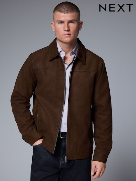 Brown Faux Suede Zip Through Collared Shacket (E66541) | £65