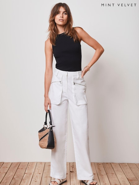 Mint Velvet White Cotton/Linen Mix Cargo Trousers (E66762) | £49