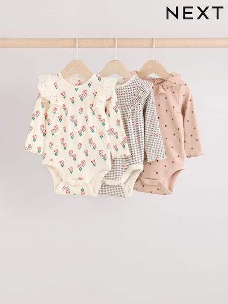 Cream/ Tan/ Grey Flower Print Baby Long Sleeve Frill Bodies 3 Pack (E67025) | £16 - £18