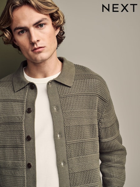 Khaki Green Relaxed Fit Cotton Rich Crochet Textured Knit Shacket (E67035) | £38