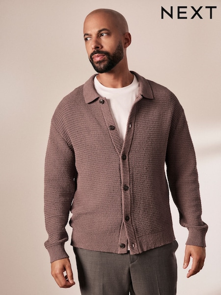 Dark Stone Relaxed Fit Cotton Rich Crochet Textured Knit Shacket (E67038) | £40