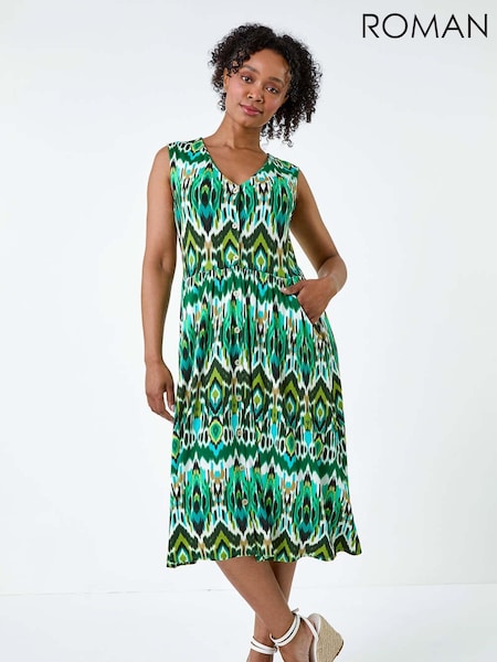 Roman Green Print Button Stretch Midi Dress (E67194) | £45