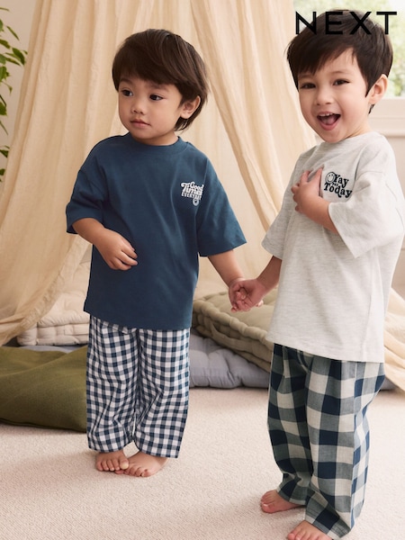 Blue/White Short Sleeve Long Pyjamas 2 Pack (9mths-12yrs) (E67678) | £18 - £27