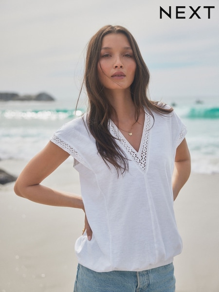 White Short Sleeve Lace V-Neck Bubblehem 100% Cotton Top (E67802) | £12.50