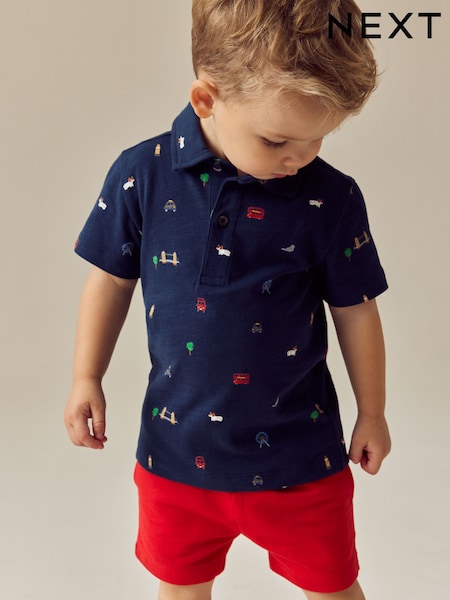Navy London All Over Print Short Sleeve Polo Shirt And Shorts Set (3mths-7yrs) (E67871) | £12 - £16