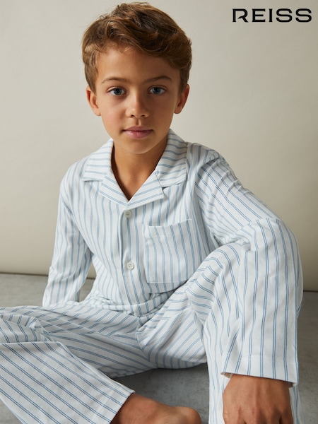 Reiss Airforce Blue/White Stripe Cohen Set 3-9 yrs Brushed-Cotton Striped Pyjama Set (E68005) | £30