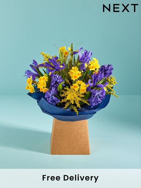 Blue/Yellow Hyacinth and Iris Fresh Flower Bouquet in Gift Bag (E68211) | £30