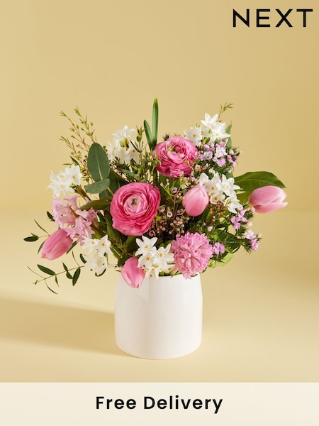 Pink Tulip and Hyacinth Fresh Flower Bouquet in Ceramic (E68213) | £35