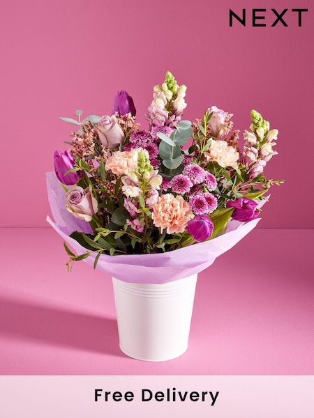 Lilac Purple Rose and Antirrhinum Fresh Flower Bouquet in Pail (E68214) | £40