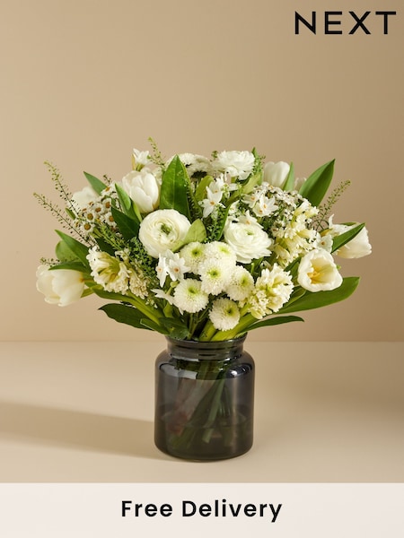 White Luxury Tulip and Ranunculus Fresh Flower Bouquet with Vase (E68215) | £45