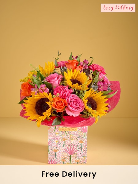 Lucy Tiffney Bright Sunflower Rose and Alstroemeria Fresh Flower Bouquet in Gift Bag (E68219) | £40
