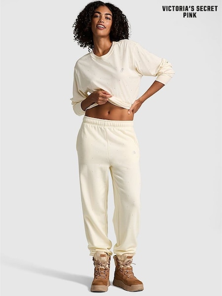 Victoria's Secret PINK White Shell Cuffed Diamante Fleece Joggers (E68233) | £45