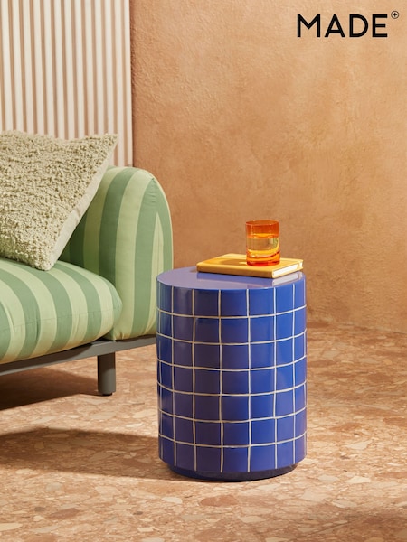 MADE.COM Blue White Check Logan Indoor/Outdoor Side Table (E68379) | £99