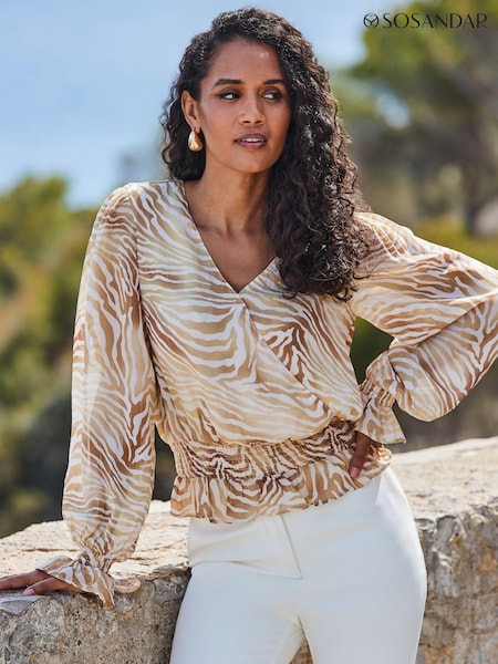 Sosandar Natural Animal Print Ruffle Hem Shirred Detail Wrap Top (E68449) | £49