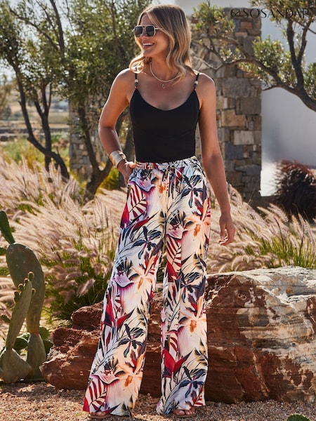 Sosandar Black Tropical Palm Print Wide Leg Trousers (E68455) | £25
