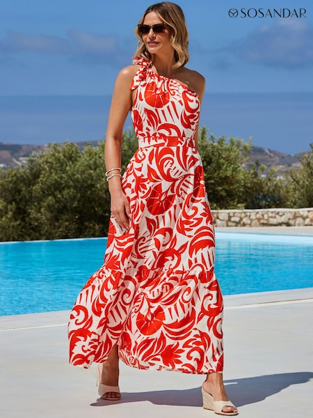 Sosandar Red Floral Print One Shoulder Belted 100% Cotton Midi Dress (E68487) | £75