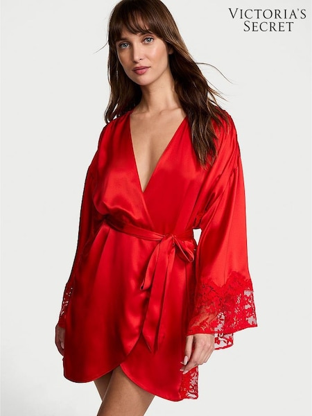 Victoria's Secret Vermillion Red Satin Lace Trim Robe (E68569) | £69