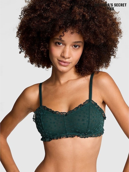 Victoria's Secret PINK Deep Forest Green Bralette Star Chaser Lace Unlined Bra (E68585) | £25