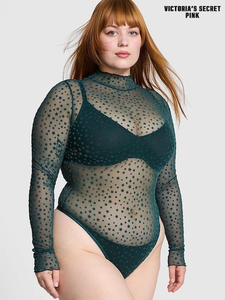Victoria's Secret PINK Deep Forest Green Star Chaser Lace Mock Neck Bodysuit (E68884) | £35