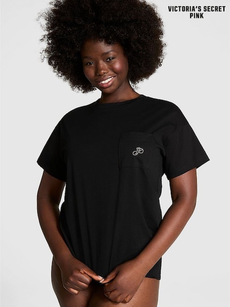 Victoria's Secret PINK Black Diamante Cotton Pyjama T-Shirt (E68890) | £19