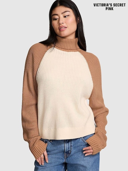 Victoria's Secret PINK White Shell / Toffee Brown Turtleneck Knitted Jumper (E68941) | £49