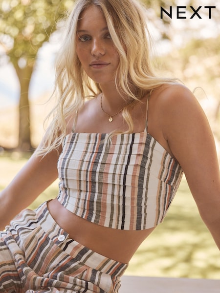 White Stripe Strappy Cami Top With Linen (E69119) | £28