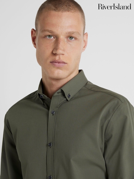 River Island Green Muscle Fit Long Sleeve Textured Shirt (E69659) | £12.50