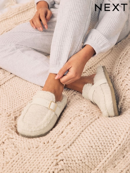 Oatmeal Borg Buckle Mule Slippers (E70007) | £25
